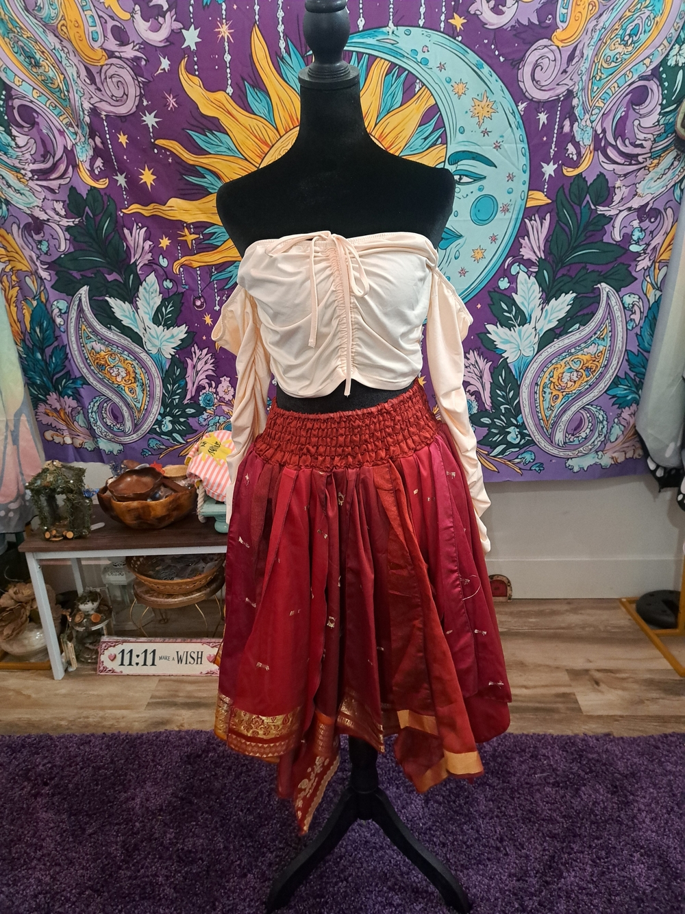 Ember Wish Fairy Outfit • Silk Sari Skirt + Off Shoulder Lace-Up Top